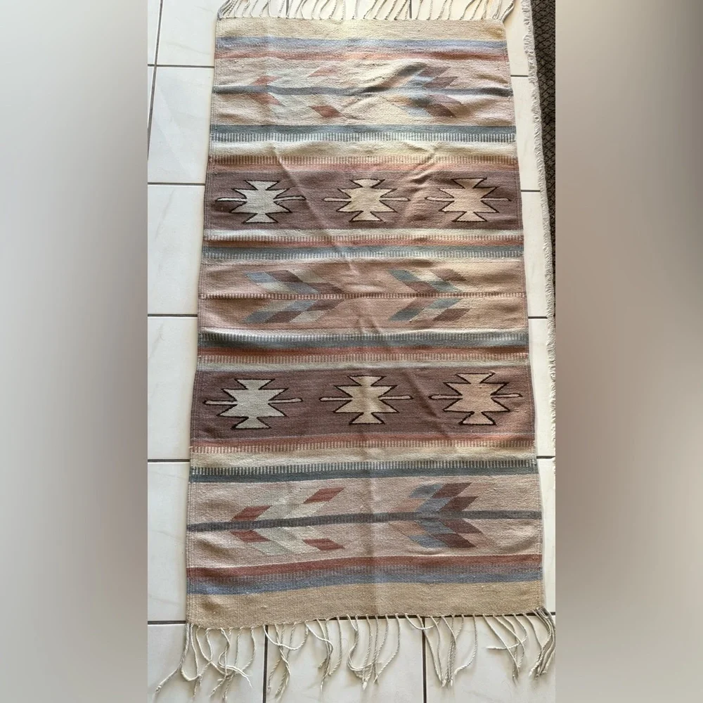 Vintage Southwestern native American handwoven Patterned Rug with Fringe